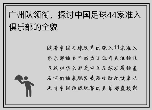 广州队领衔，探讨中国足球44家准入俱乐部的全貌