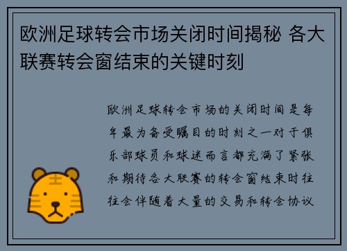 欧洲足球转会市场关闭时间揭秘 各大联赛转会窗结束的关键时刻