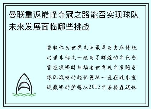 曼联重返巅峰夺冠之路能否实现球队未来发展面临哪些挑战